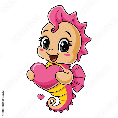 Cute seahorse holding pink heart cartoon yellow