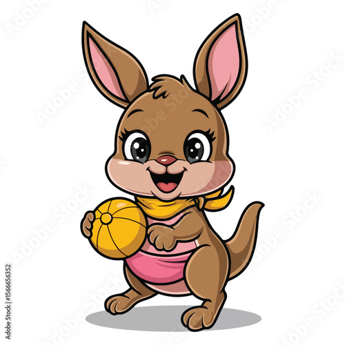 Cute kangaroo with yellow ball and scarf cartoon animal