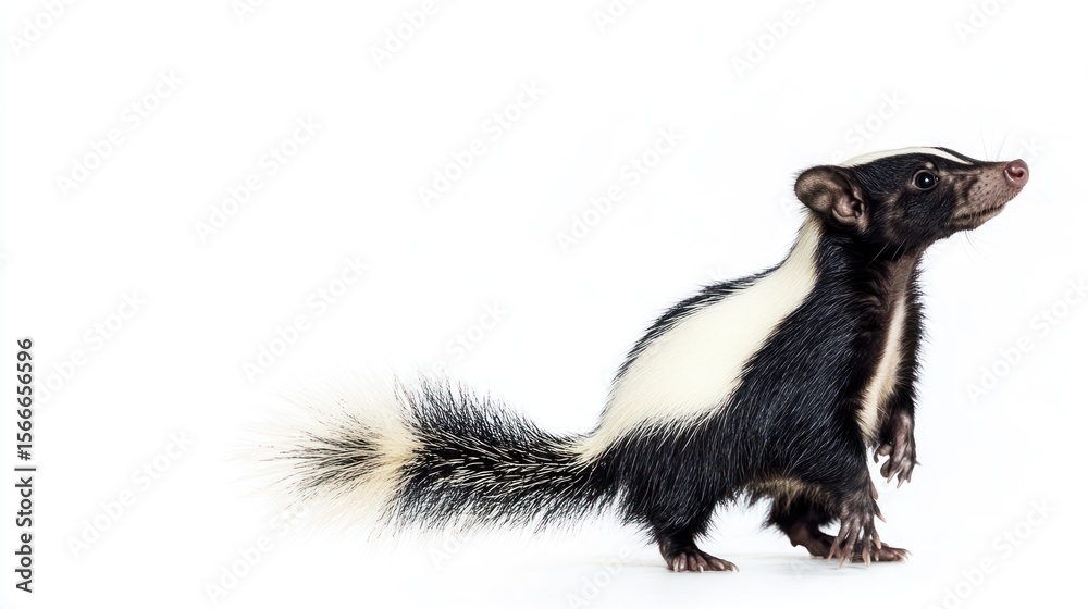 Obraz premium Skunk, black and white, standing on hind legs and looking up on a white background