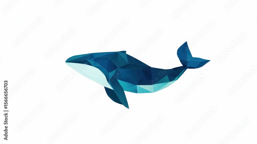 Fototapeta premium Low-poly illustration of a blue whale swimming against a crisp white background
