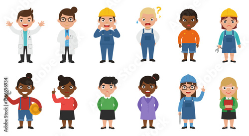Diverse group of cartoon characters representing various professions and expressions displayed