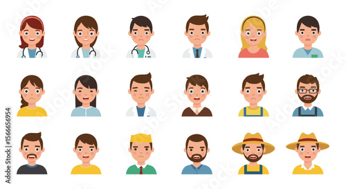 Illustration of various cartoon characters depicting diverse professions and individuals faces