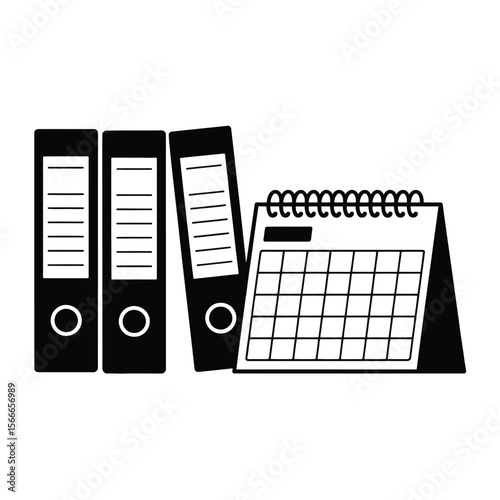 Three black binders and a desk calendar on a white background