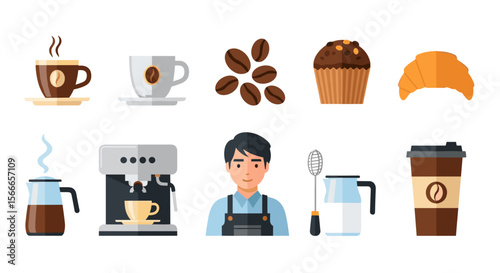 Illustration of a barista with coffee cups coffee beans coffee maker and baked goods displayed