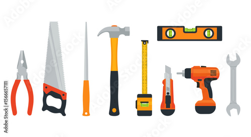 A collection of various hand tools including a hammer saw drill level and measuring tape displayed