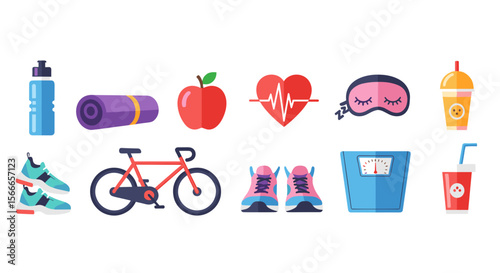 A collection of health and fitness icons including a water bottle yoga mat apple and bicycle