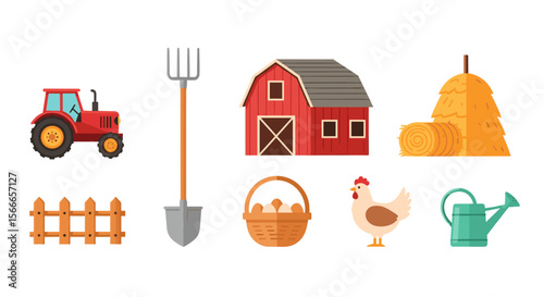 Illustration of a farm scene featuring a tractor, pitchfork, barn, hay bale, fence, and farm animals