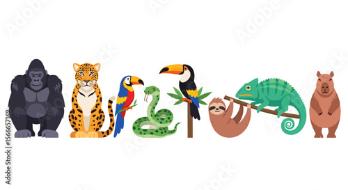 Illustration of a gorilla, jaguar, two parrots, snake, two toucans, sloth, chameleon, and capybara