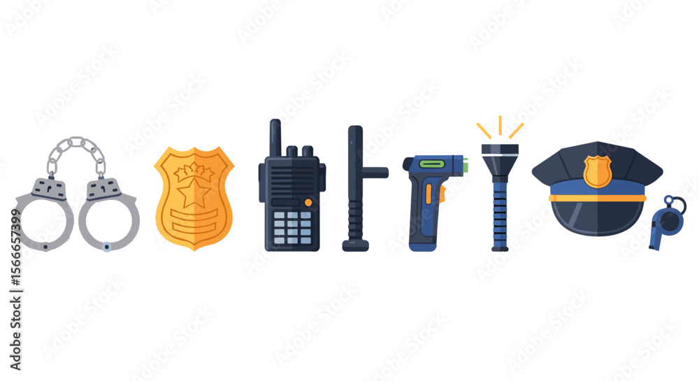 Fototapeta premium Illustration showcasing essential police equipment including handcuffs badge radio and flashlight baton