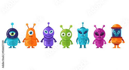 Illustration showing a row of seven colorful cartoon aliens with varying designs and features