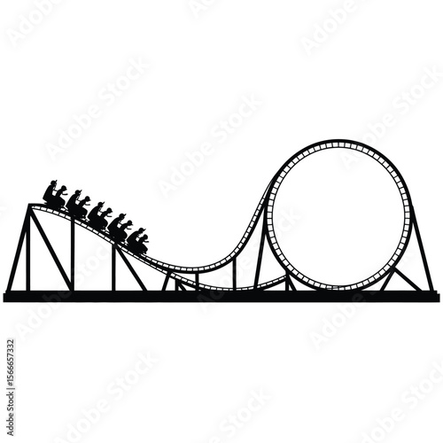Silhouette of a roller coaster with a loop and passengers on a white background