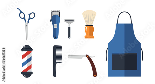 Illustration of barber shop tools including scissors, clippers, razor, brush and barber pole