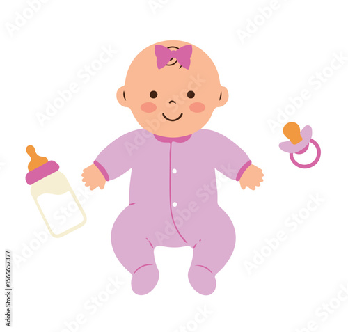 baby girl with a milk bottle and pacifier 
