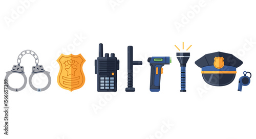 Illustration showcasing essential police equipment including handcuffs badge radio and flashlight baton