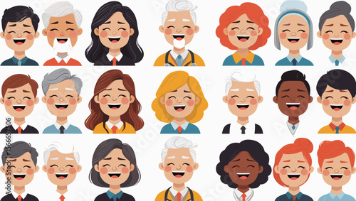 A collection of diverse cartoon characters laughing with various hairstyles and skin tones shown
