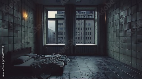 Gloomy and claustrophobic bedroom interior with tiled walls and view of city buildings