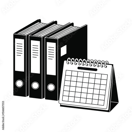 Three black binders and a desk calendar on a white background