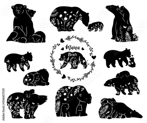 Enchanting Bear Silhouette Collection Pack: An exquisite collection of bear silhouettes, each meticulously designed with floral and botanical elements, perfect for Mother's Day or Gifts for your Mom.