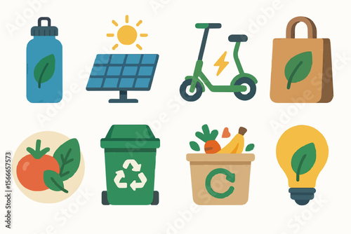 Modern Sustainable Lifestyle Vector Icon Sheet – Eco-Friendly Symbols in Vibrant Flat Design

