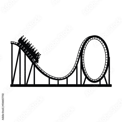 Black silhouette of a thrilling roller coaster with passengers on a white background