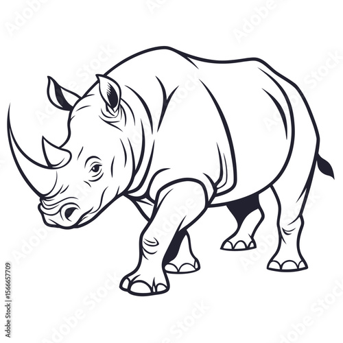 Black and white rhino illustration walking forward with large horn and thick skin on a white background