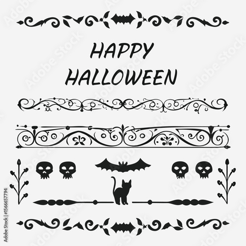 happy Halloween text and banner design and elements design  or ribbon set vector and illustration