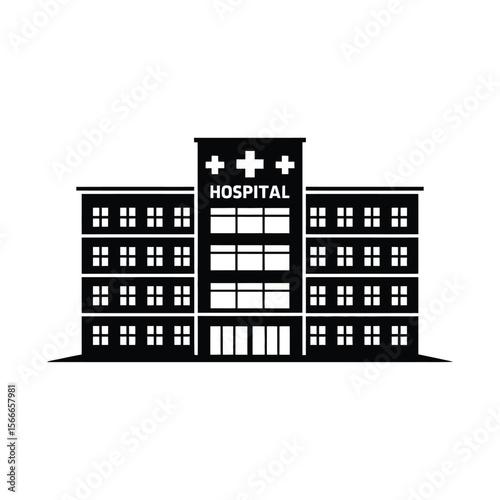 Modern hospital building facade with multiple floors and windows in black and white silhouette