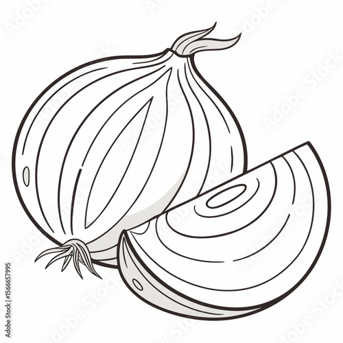Cartoon illustration of a whole onion and a slice on a white background with black outlines vegetable