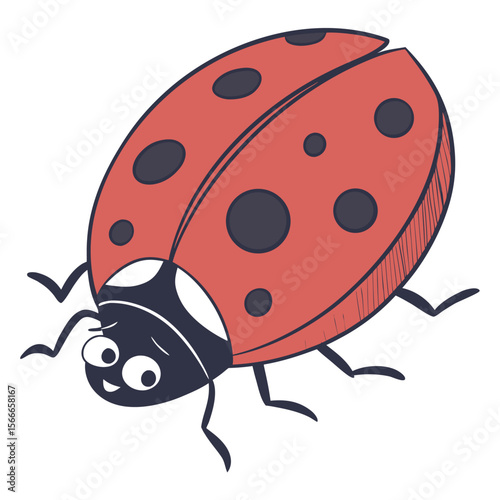 Cartoon ladybug illustration with red body and black spots and head on white background insect