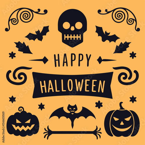 happy Halloween text and banner design and elements design  or ribbon set vector and illustration