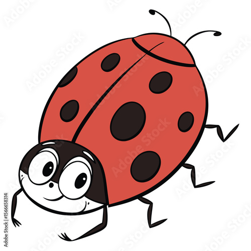 Cartoon ladybug illustration with red body black spots smiling face and black legs on white background