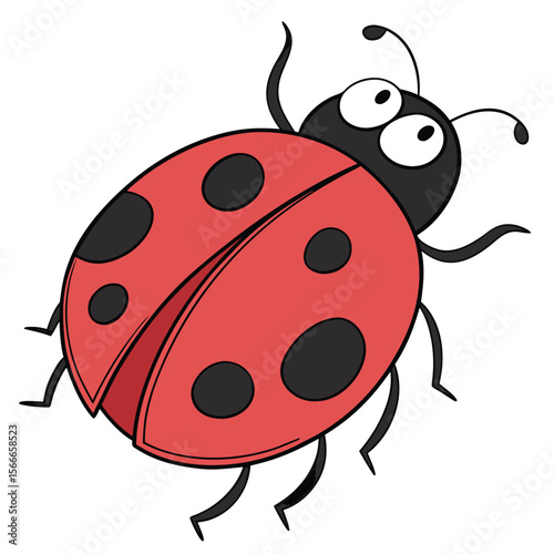 Cartoon ladybug illustration with red wings black spots and antennae on white background insect