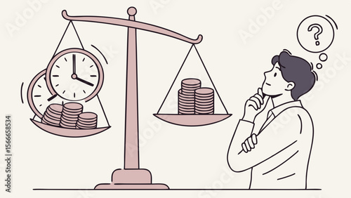 Vector Business Decision Concept with Balance Scale Weighing Time and Money, Symbolizing Financial Choice, Investment Strategy, and Opportunity Cost