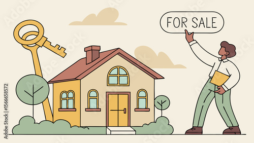 Vector Businessman or Agent Presents House Text 'FOR SALE' with large key, symbolizing opportunity and home ownership