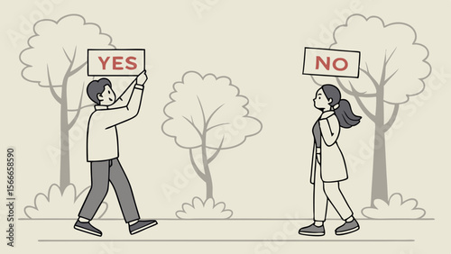 Vector Signs 'YES', 'NO', Decision-Making and Opinion Concept, Symbolizing Choice, Disagreement, Debate, Communication, and expressing contrasting