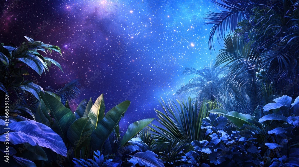 Obraz premium A lush jungle filled with diverse plants and ferns under a captivating night sky