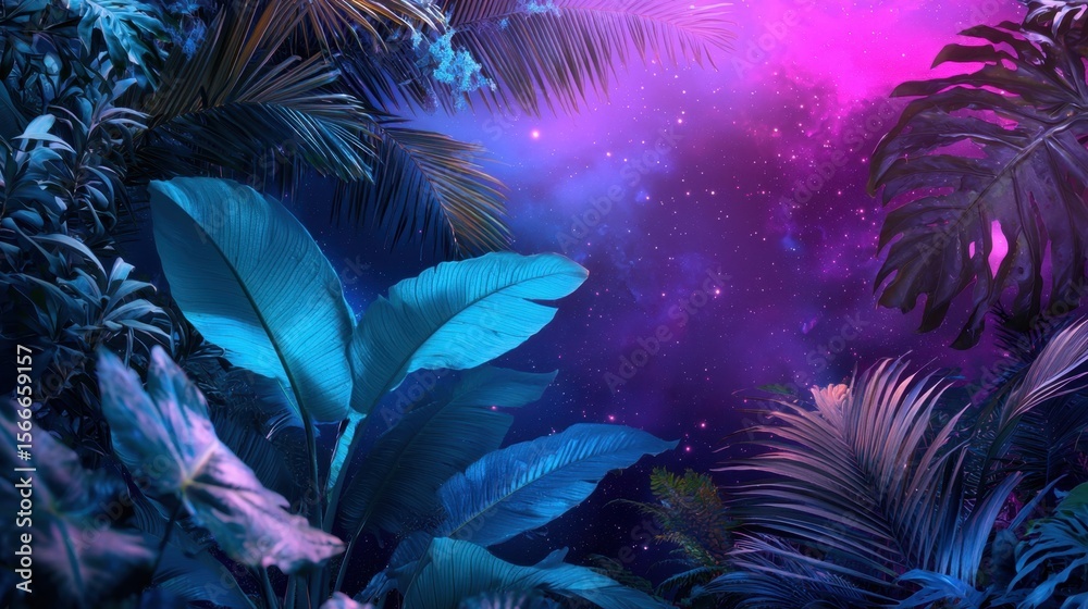 Obraz premium Vivid foliage in shades of blue and purple contrasts against a mesmerizing night sky filled with stars, creating a magical and serene tropical setting