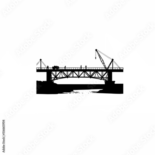 Silhouette of a bridge being constructed over a riveron white background
