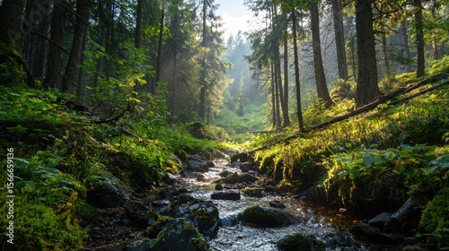 A serene stream meanders through a vibrant forest filled with tall trees. Morning sunlight filters through the leaves, illuminating the natural beauty of the area