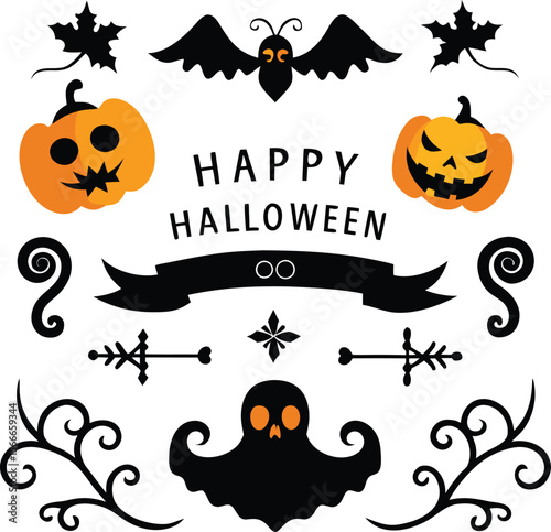 happy Halloween text and banner design and elements design  or ribbon set vector and illustration