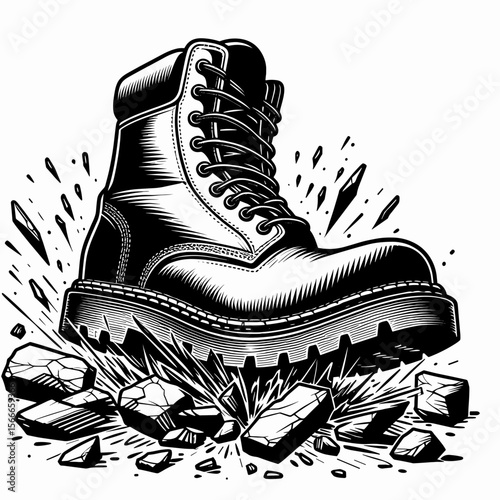 Heavy black boot crushing stones on a white background  