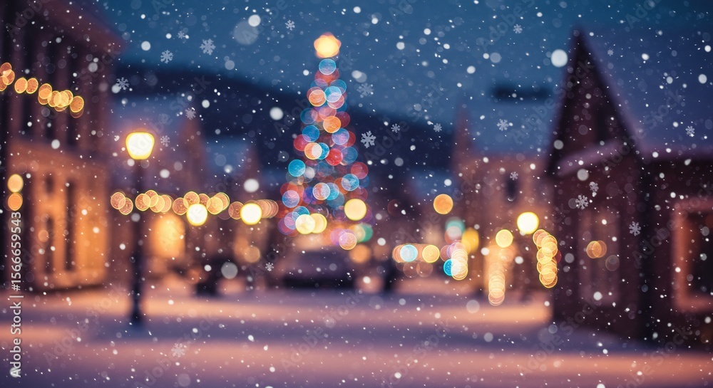 Naklejka premium Festive Winter Scene: Christmas Tree, Snowfall, Bokeh Lights, Cityscape.