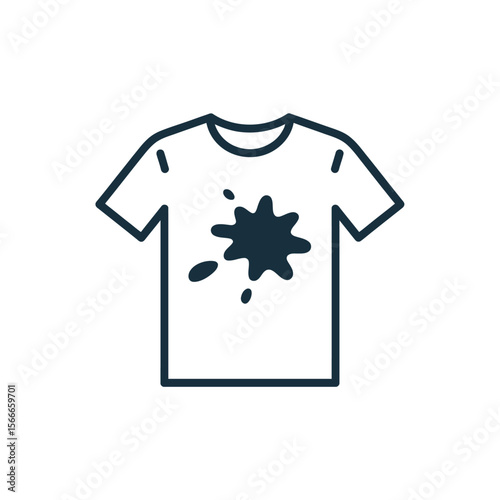 Simple outline icon of a white t shirt with a dark ink stain on the front