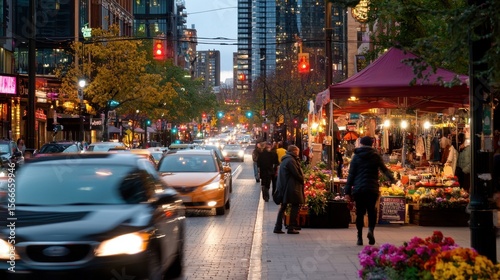 People stroll along a lively street filled with vendors showcasing flowers and goods, as cars navigate through city lights at dusk