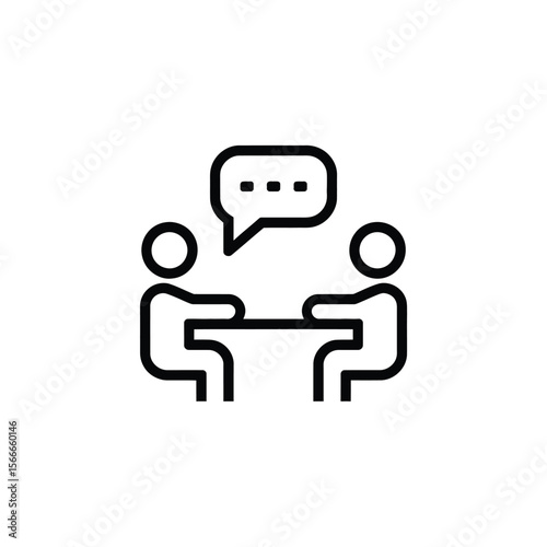 Two people sitting at a table talking with a speech bubble above them