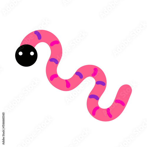 Pink cartoon worm with black head in flat illustration style
