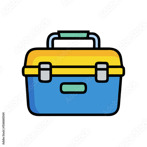 Blue and yellow toolbox icon in cartoon flat style