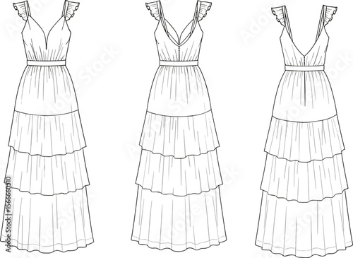 cad drawing flat vector illustration, tiered ruffle maxi dress front back view, fashion technical sketch with v-neck sleeveless design