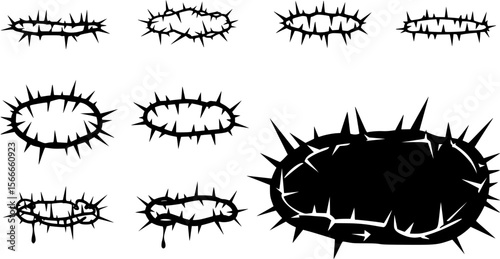 set of Crown of thorns icons set. Black silhouette of a crown made of thorns. Christian symbol.
