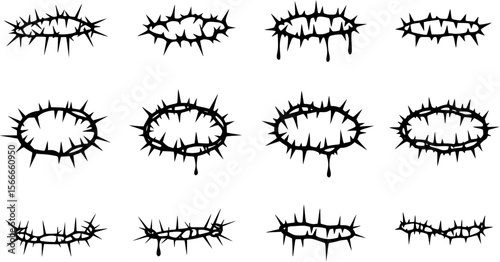 set of Crown of thorns icons set. Black silhouette of a crown made of thorns. Christian symbol.
